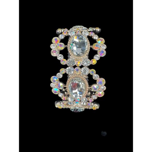 Vintage Gold-Tone Statement Bracelet With Oval Cut Crystal & Iridescent Rhinesto - Picture 4 of 8